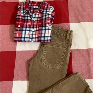 Boy’s Gap corduroy pants, slim; Gap flannel shirt
